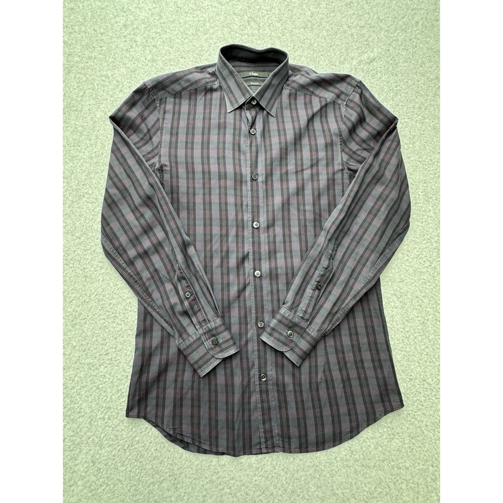 Z Zegna Dress Shirt Mens 15 38 Purple Plaid Slim Fit 100% Cotton Long Sleeve